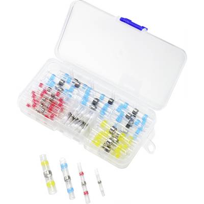 Otvorena plastična kutija s različitim termo-skupljajućim priključcima u crvenim, plavim, žutim i bijelim bojama, svaki u prozirnim cjevčicama s metalnim prstenovима.