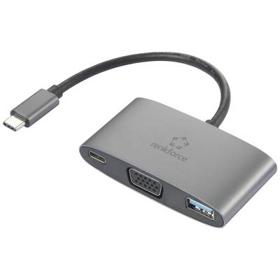 Adapter s USB-C utikačem i tri priključka: USB-A, USB-C i VGA. Logotip marke na prednjoj strani.