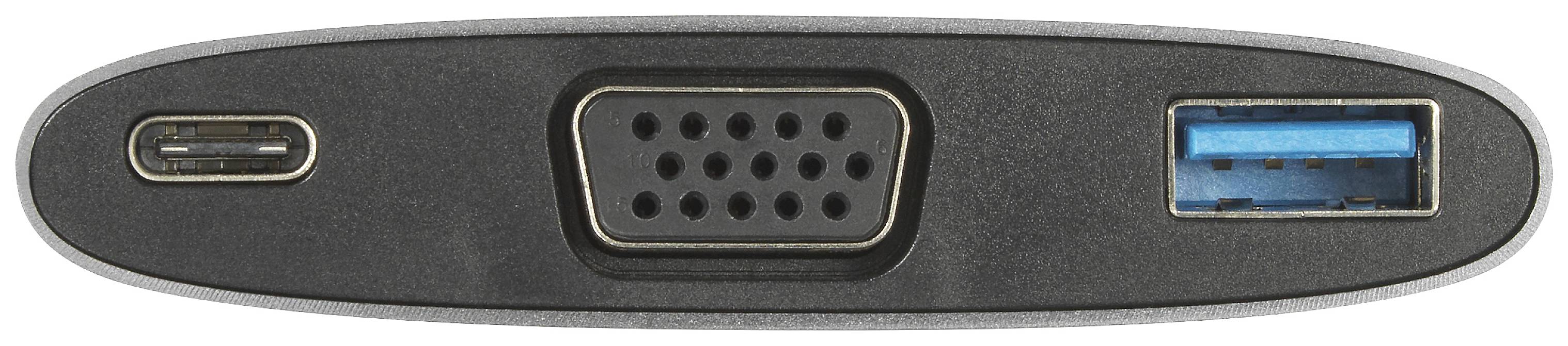 Adapter s USB-C, VGA i USB-3.0 priključcima, pogodan za povezivanje različitih uređaja na računalo ili monitor.