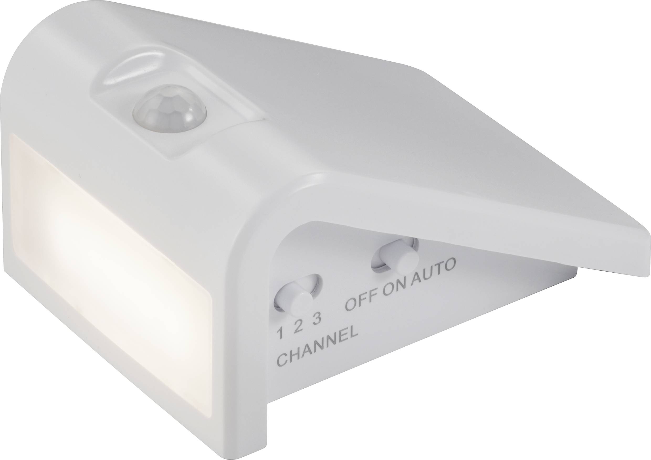 Bijela noćna lampica s senzorom pokreta i prekidačem za odabir kanala i načina rada.