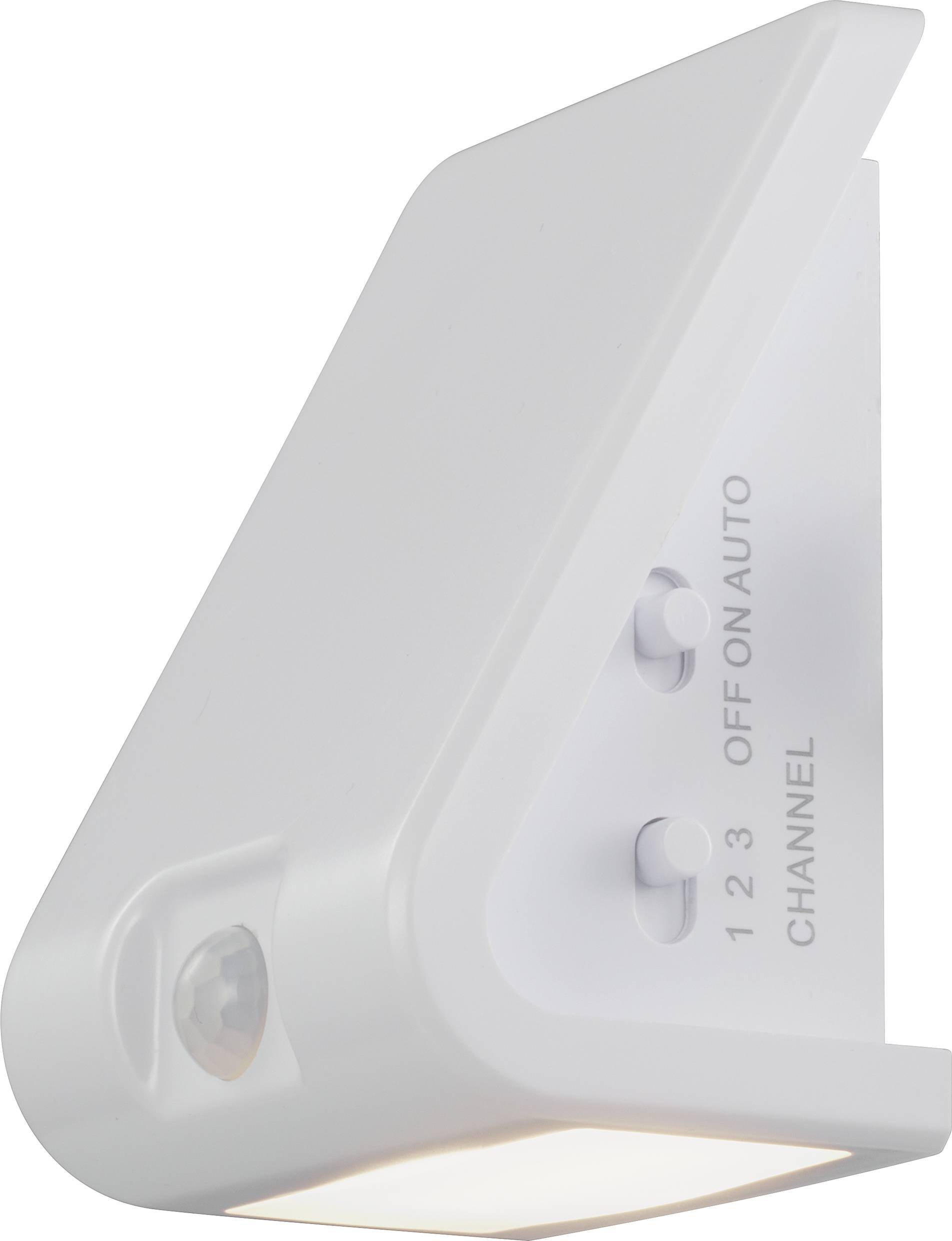 Bijela, trokutasta LED zidna svjetiljka s detektorom pokreta, preklopkom za '1 2 3 ISKLJUČENO UKLJUČENO AUTOMATSKI' i 'KANAL', namijenjena automatskom osvjetljenju.