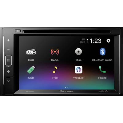 Multifunkcionalni zaslon autoradija s opcijama poput DAB-a, radija, diska, Bluetooth audija, USB-a, iPoda, WebLinka i telefona. Prikazuje vrijeme 11:23 i datum.