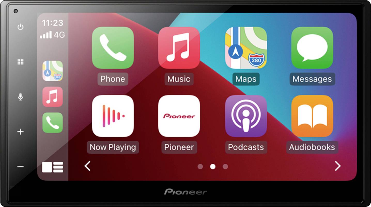 Auto-infotainment sustav s aplikacijama za telefon, glazbu, karte, poruke, podcast i audioknjigu. Vrijeme 11:23, 4G povezivanje.