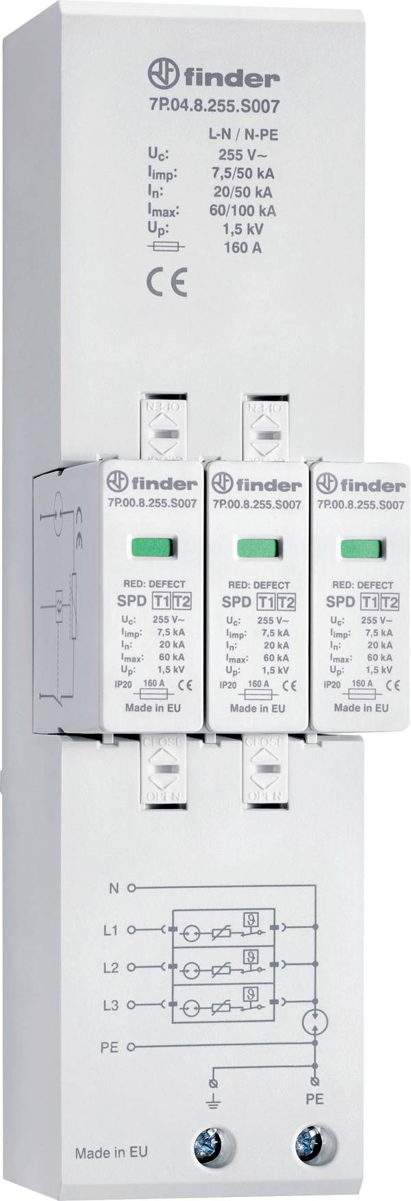Finder 7P.04.8.255.S007 7P.04.8.255.S007 odvodnik za prenaponsku zaštitu Zaštita od prenapona za: 40 mm sabirnica 20 kA Piece 1 St.