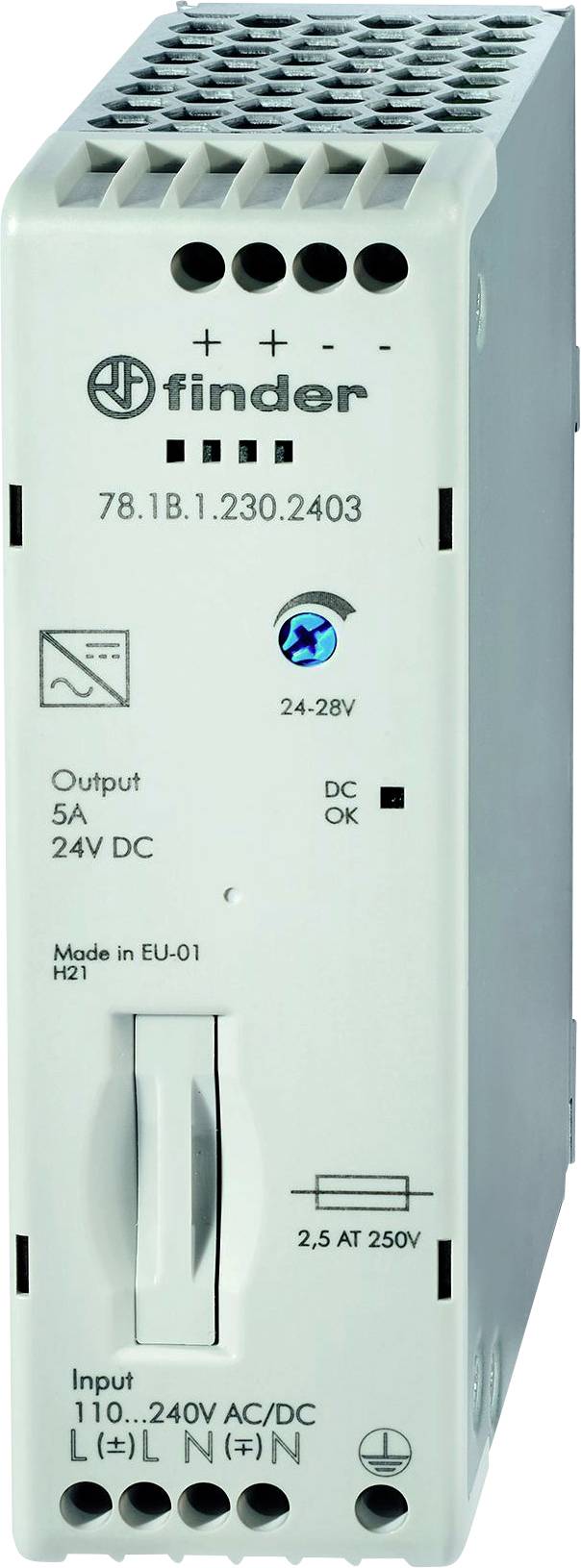 Sivi elektronički uređaj tvrtke Finder koji podržava instalacije od 24-28V. Prikazuje sklopke, LED indikatore i tehničke podatke.