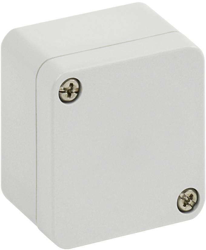 Bijela plastična spojnica kutija s dvije vidljive vijke na prednjoj strani, kvadratnog oblika.