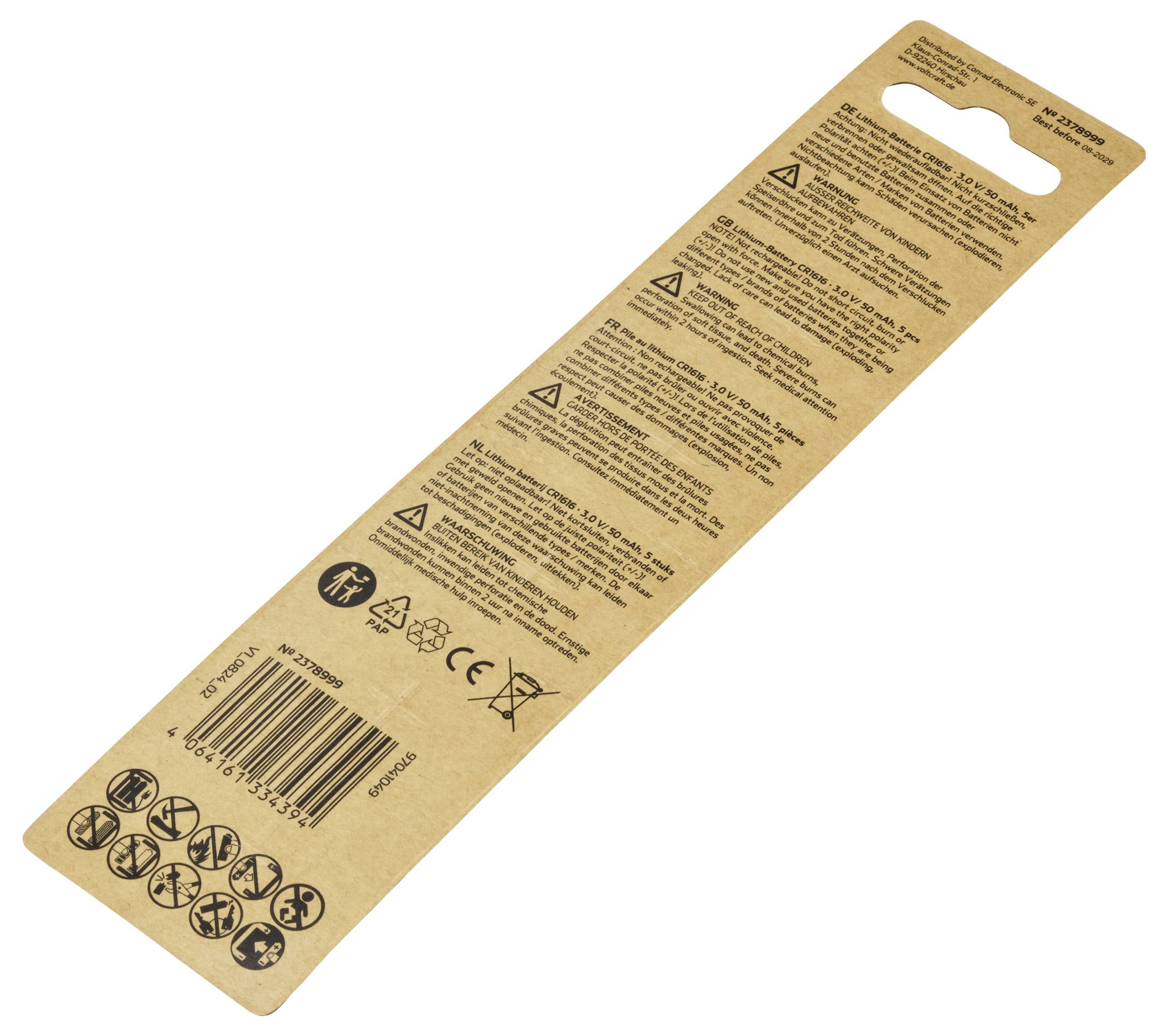 Kartonska ambalaža pravokutnog oblika s sigurnosnim i reciklažnim napomenama, barkodovima i simbolima. Sadrži informacije o upotrebi proizvoda.