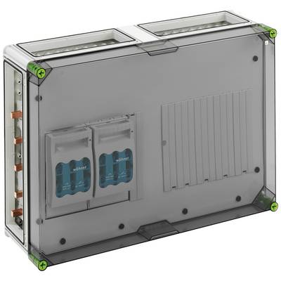 Prozirna plastična kutija s nekoliko utora i dva plava modula unutar nje. Pogodan za električne instalacije.