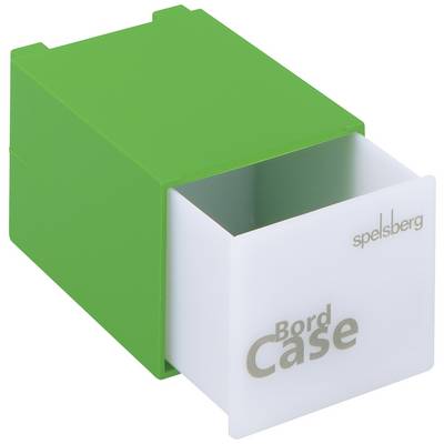 Zeleni plastični kućišni ormarić s izvlačivom prozirnom ladicom, označen natpisima 'Bord Case' i 'spelsberg'.