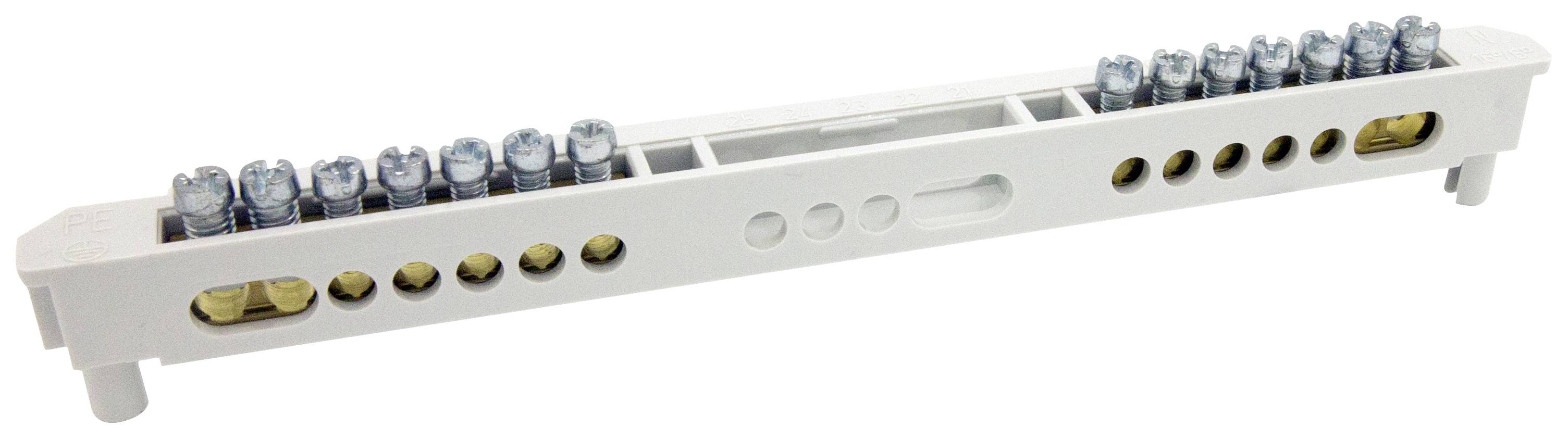 Bijeli električni priključni blok s više vijčanih priključaka i utičnih spojeva.