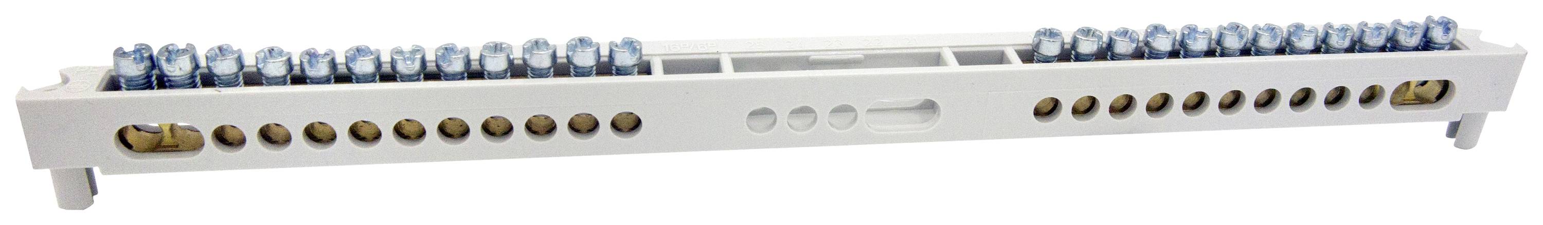 Redni priključak s plavim priključnim stezaljkama na bijeloj plastičnoj šini, korišten za električne spojeve i ožičenje.