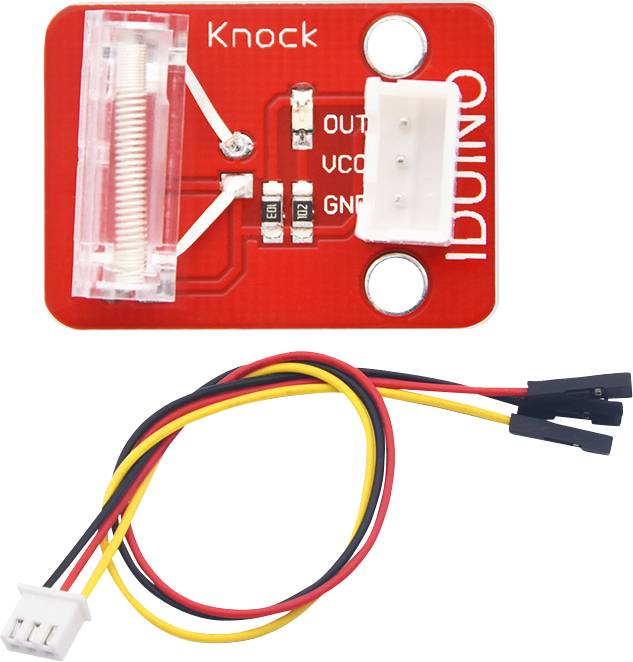 Crveni Arduino senzor vibracija s dva priključka i priloženim kabelom s više vodova za spajanje s elektroničkim sklopovima.