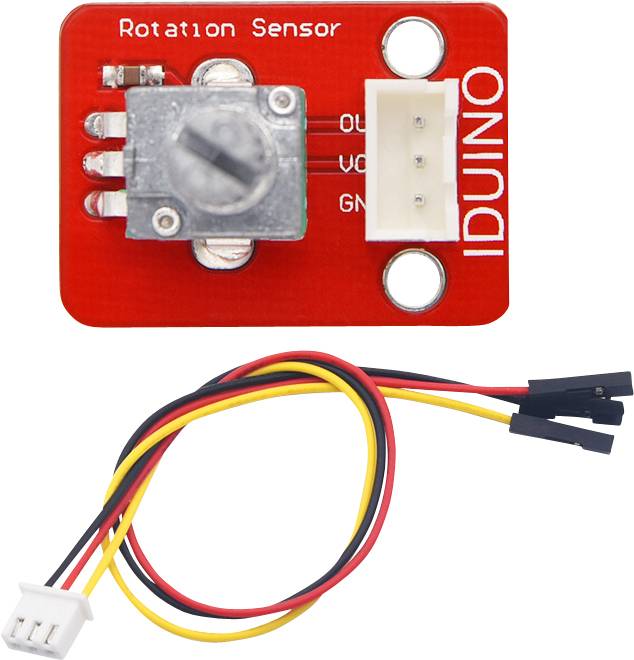 Modul senzora rotacije s utičnicama i kabelima. Označen natpisima OUT, VCC, GND. Pogodan za elektroničke projekte s Arduinom.