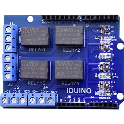 IDUINO-relijska kartica sa četiri releja i plavim stezaljkama; koristi se za upravljanje elektroničkim sklopovima putem Arduino ploča.