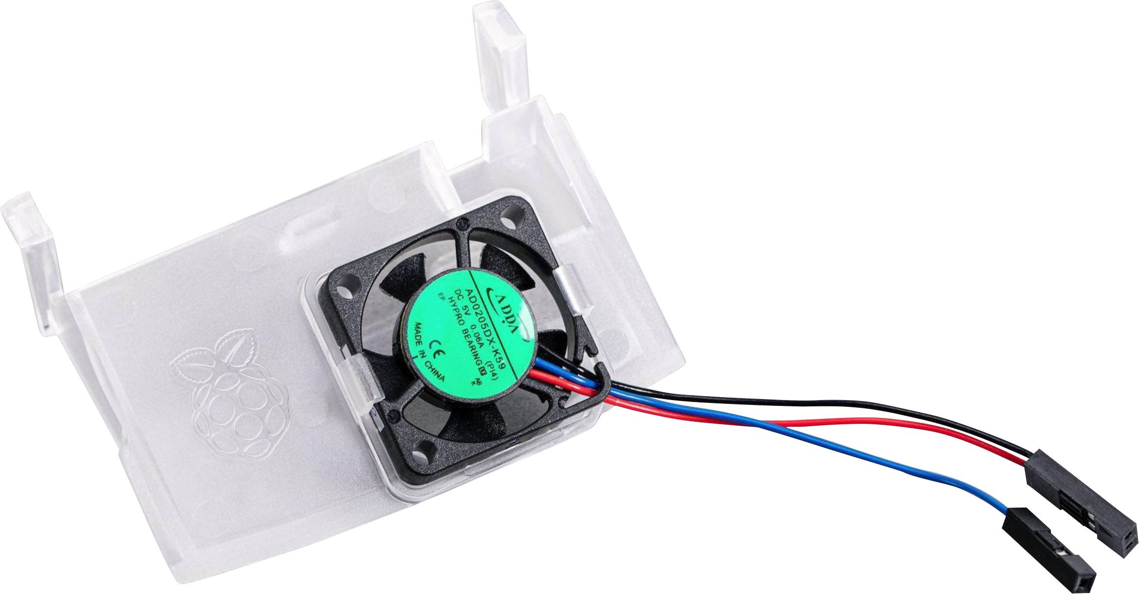 Mali električni ventilator s tri šarene žice, montiran na prozirnom plastičnom nosaču, pogodan za elektroničke uređaje.