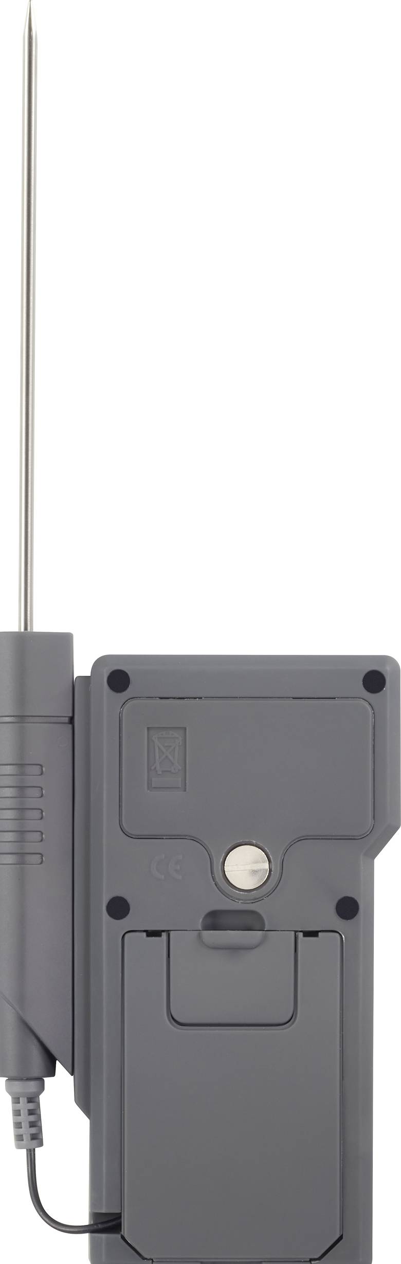 Sivo elektroničko termometro s dugačkom metalnom sondom, pogodan za mjerenje temperature u različitim okolnostima.