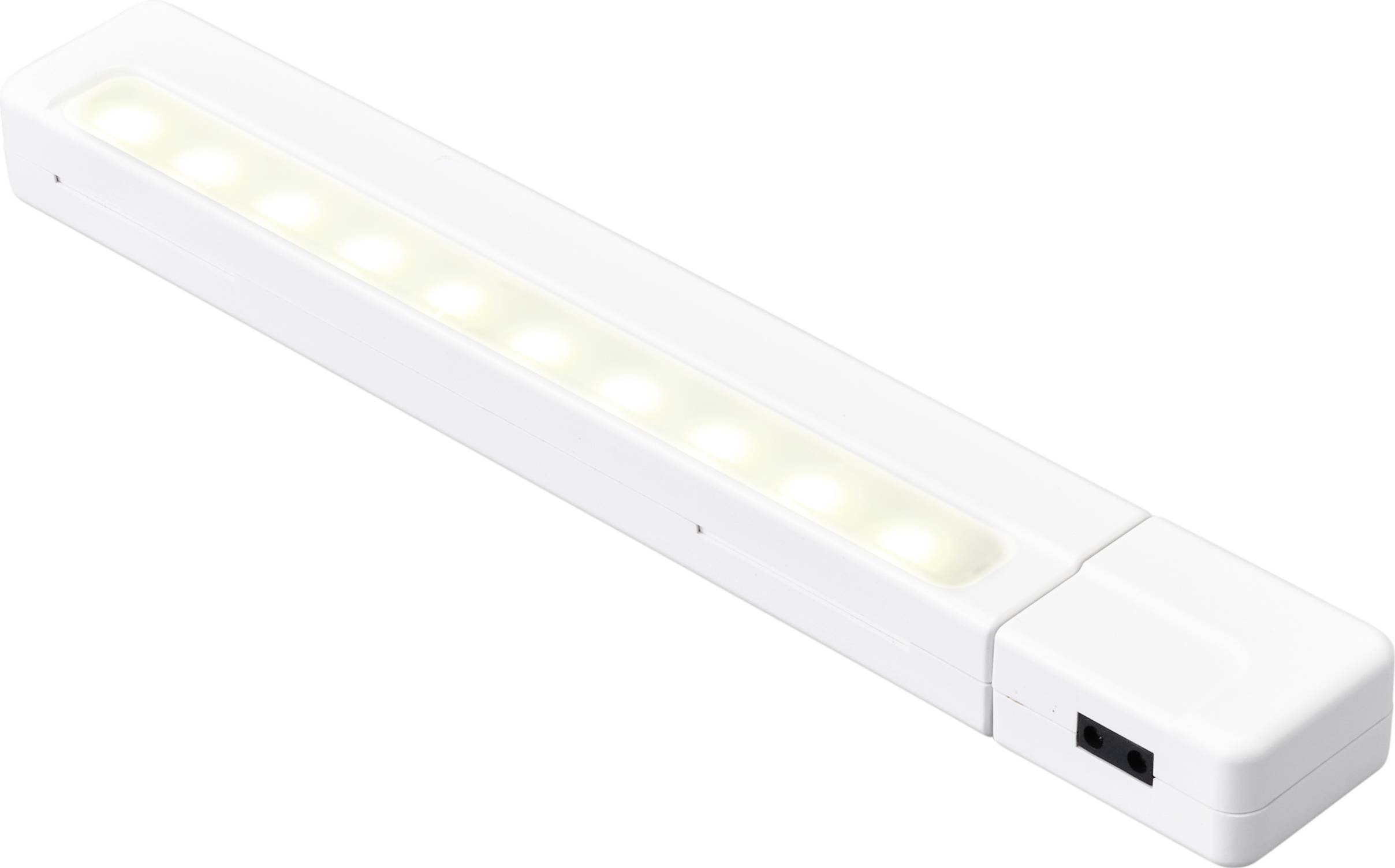 Bijela LED svjetlosna traka s osam vidljivih žarulja, bočni prekidač za uključivanje/isključivanje. Idealna za osvjetljenje ormara ili tamnih kutova.