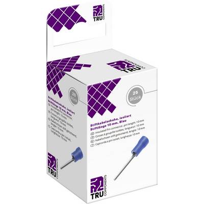 Kartonska kutija sa 25 izoliranih iglastih kabelskih papučica, duljine 10 mm, plave boje. Vidljiv naziv marke i logo TRU Components.