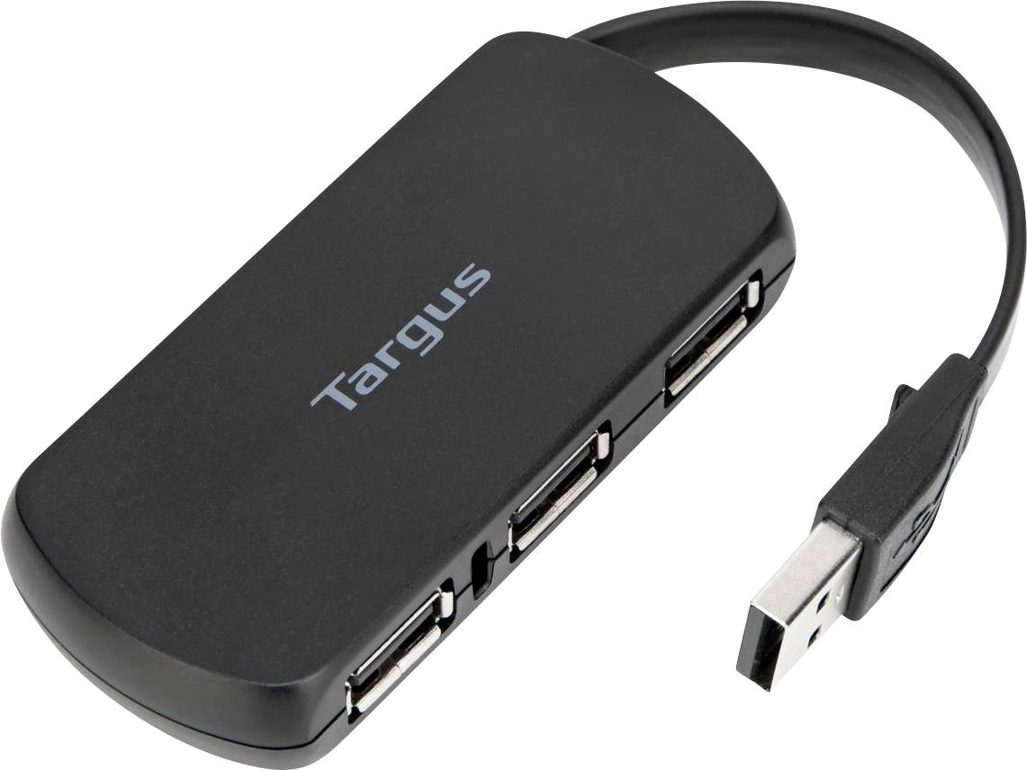 Crni Targus USB hub s četiri priključka i kratkim kabelom.