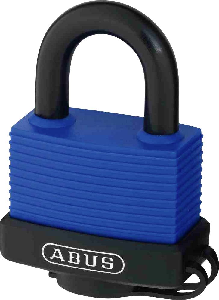 Plavi viseći katanac s crnom gredom i crnom bazom na kojoj je logotip 'ABUS'-a.