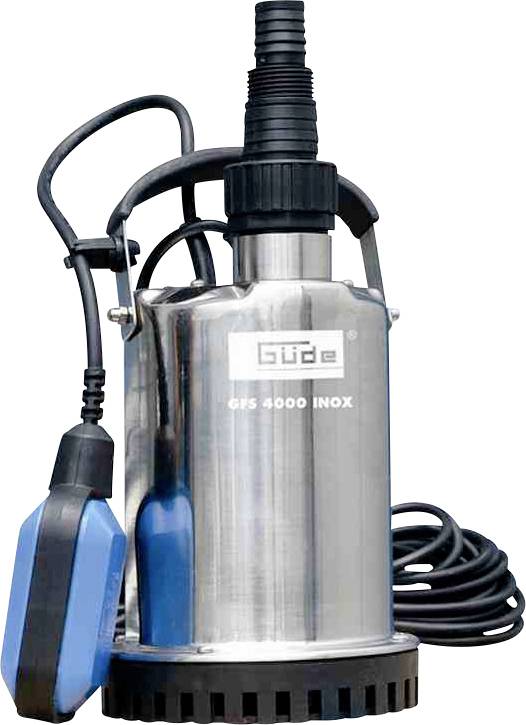 Pumpe od nehrđajućeg čelika, model 'Güde GFS 4000 INOX', sa plovnim prekidačem i crnim kabelom, pogodan za transport vode.
