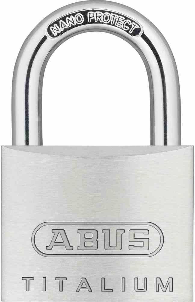 Viseći lokot od sjajnog metala s natpisom 'ABUS TITALIUM'. Iznad se može pročitati 'NANO PROTECT'.