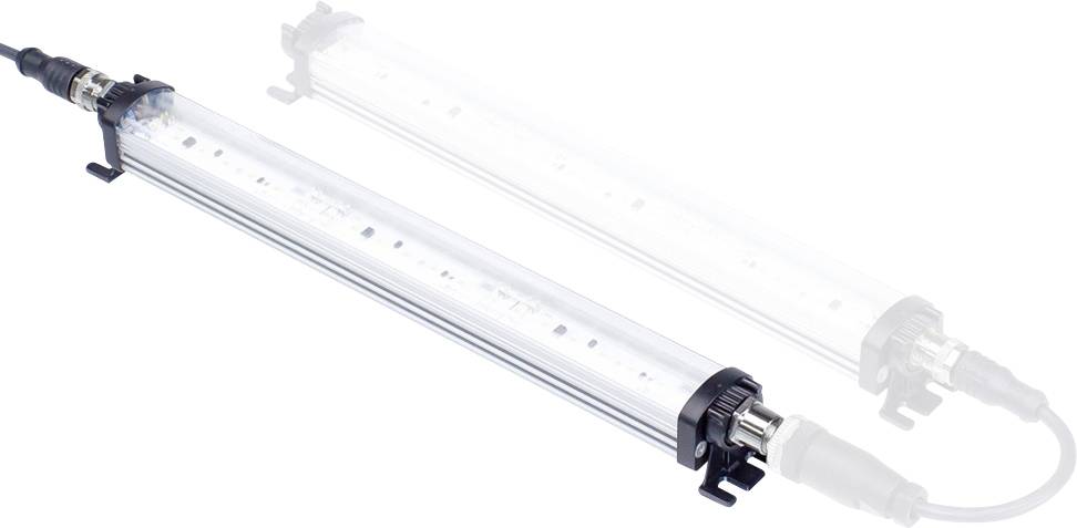 Prozirna, izdužena LED svjetiljka s priključkom za kabel i nosačima na oba kraja, reflektira se ispod nje.