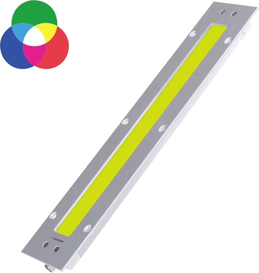 Dugo pravokutno LED svjetlosno uređaja u srebrnoj boji sa svijetložutom trakom i RGB krug boja pokraj njega.