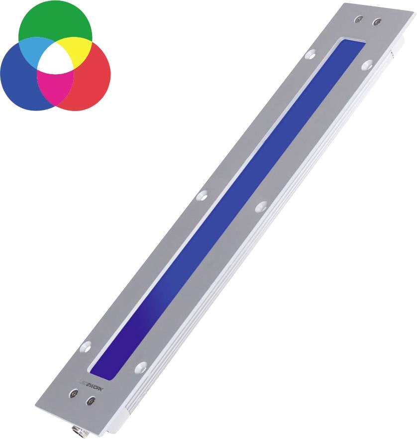 Dugi, vitki aluminijski dio s plavom srednjom trakom, pored njega RGB krug boja gore lijevo.