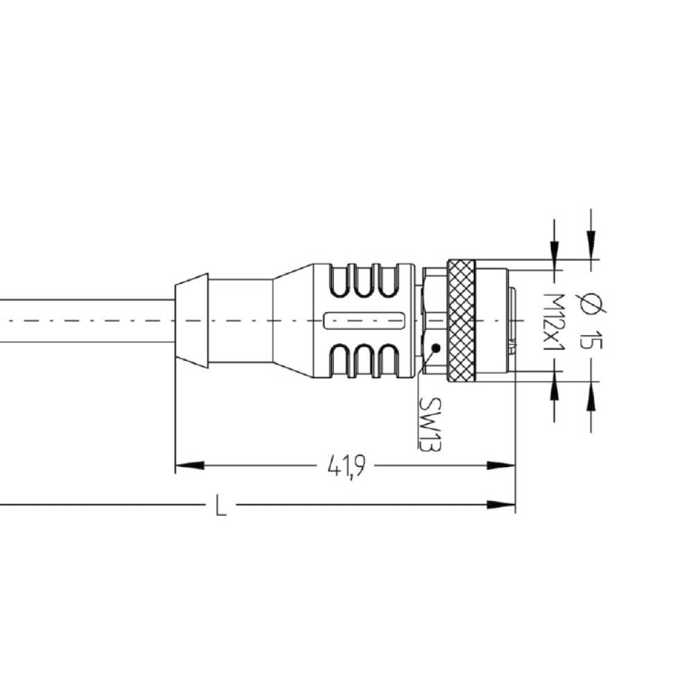 Tehnički nacrt konektora s M12 x 1 navojem i promjerom od 15 mm. Duljina jedinice: 49,9 mm.