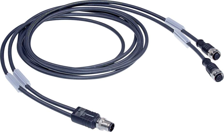 Kabel s tri električna utikača namijenjeni su za povezivanje električnih uređaja. Kabel je crne boje i ima metalne utikače.