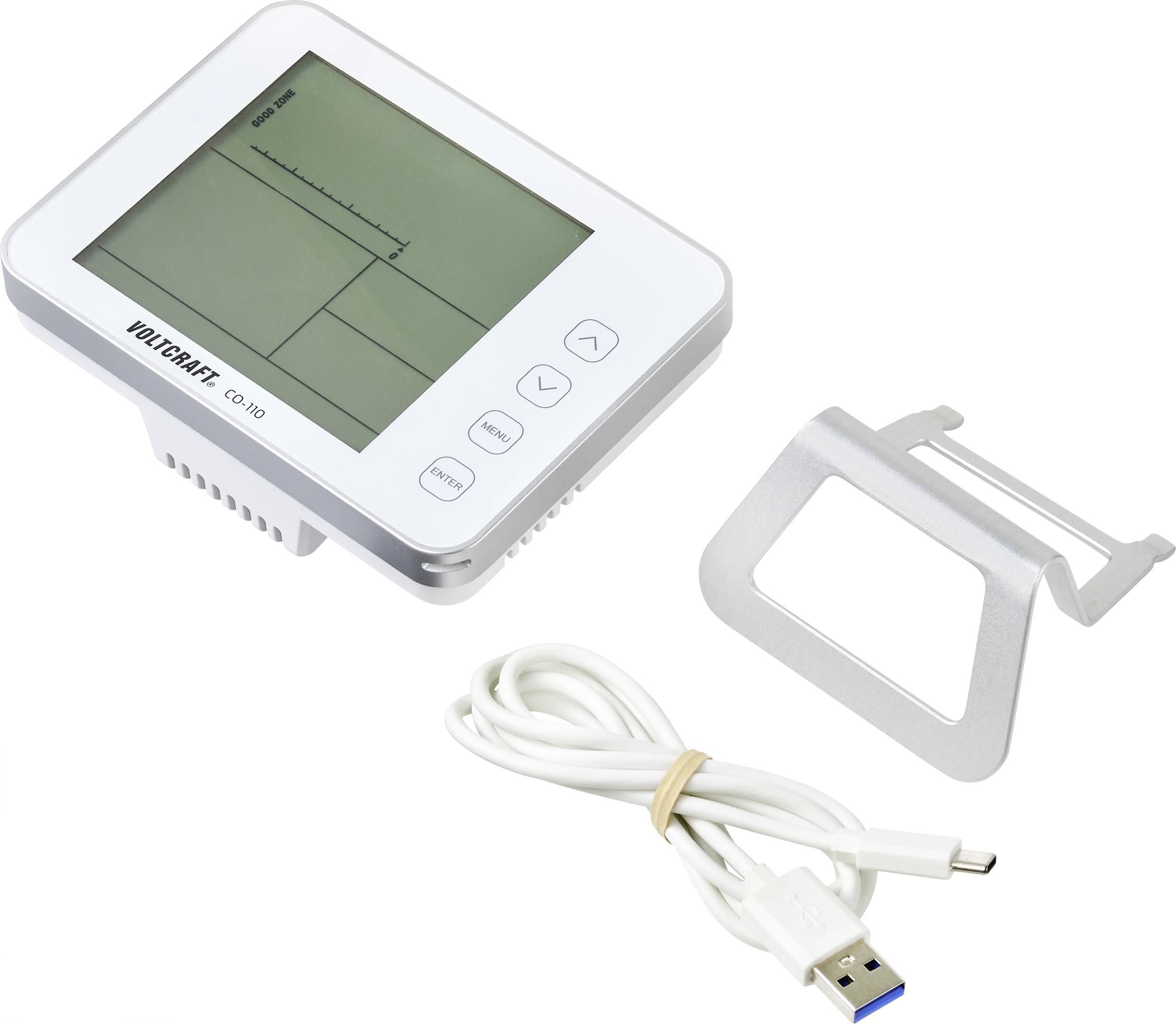 Uređaj za mjerenje krvnog tlaka s digitalnim zaslonom, USB kabelom i nosačem. Zaslon prikazuje mjerne vrijednosti i upravljačke tipke.
