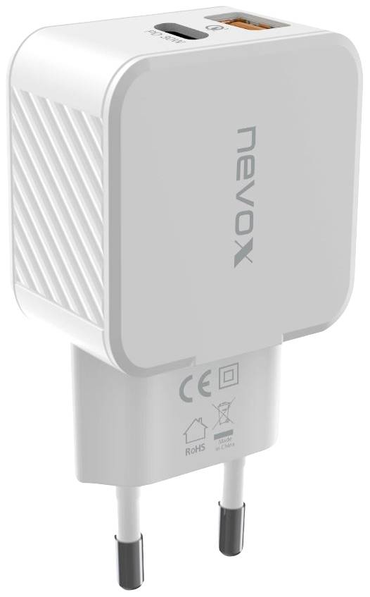 Bijeli USB punjač s dva priključka: USB-C i USB-A priključkom. Uređaj je označen CE i RoHS oznakama.