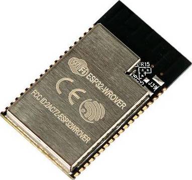 Metalni ESP32-WROOM-32 modul s WLAN simbolom i CE oznakom. Natpis: 'ESP32-WROOM-32'.