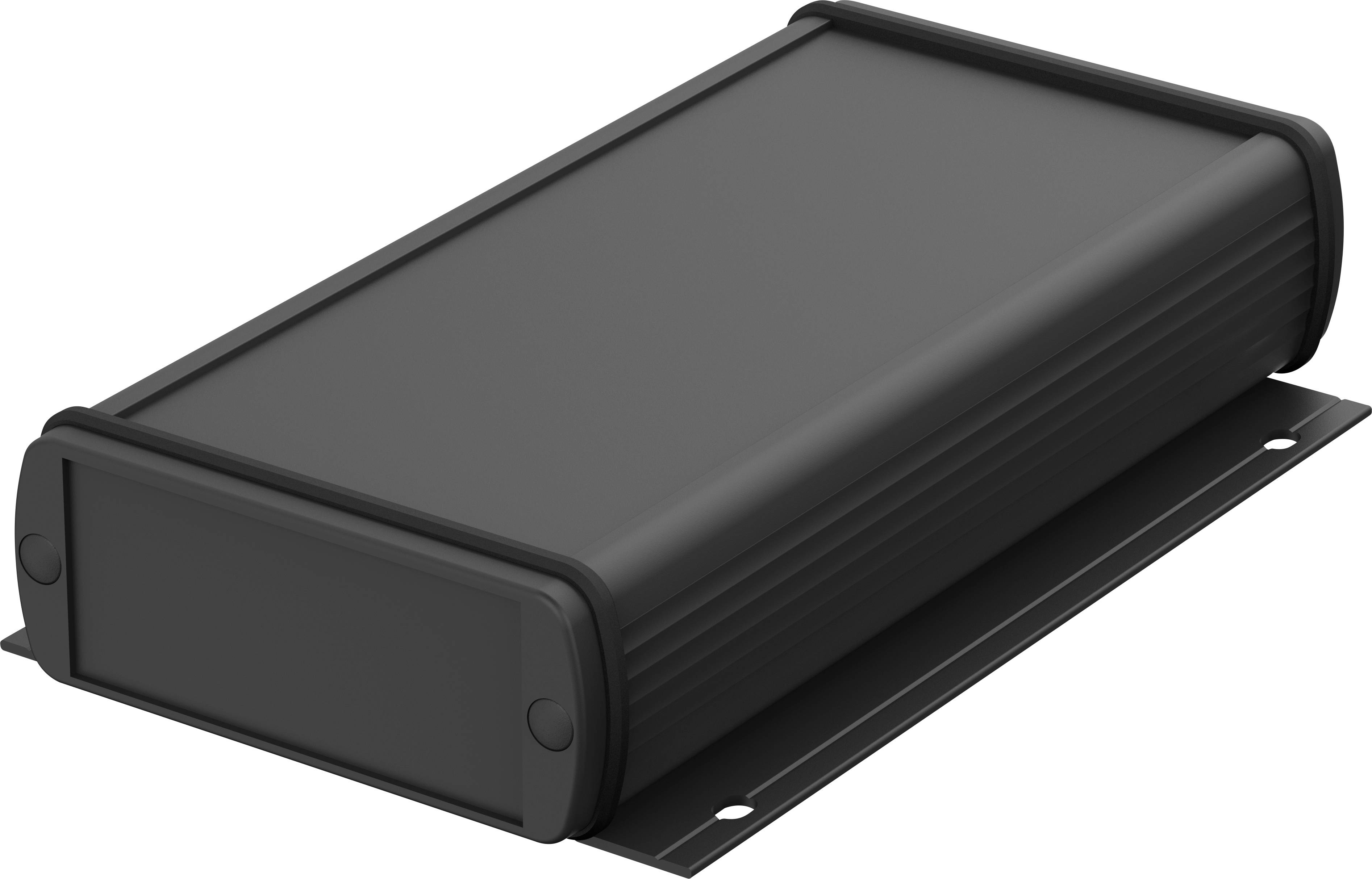 Pravokutni crni uređaj sa zaobljenim rubovima i rupama za pričvršćivanje na donjem dijelu, vjerojatno kućište za elektroničku opremu.