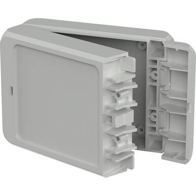 Sivi plastični ormarić s više pregrada, pogodan za ugradnju ili zaštitu elektroničkih uređaja.