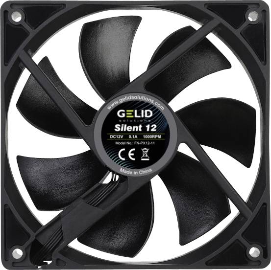 Crni gel ventilator sa sedam lopatica, natpis na sredini: 'Silent 12', model: FN-PX12-15-11, 12V, 0.18A, 1000 RPM.
