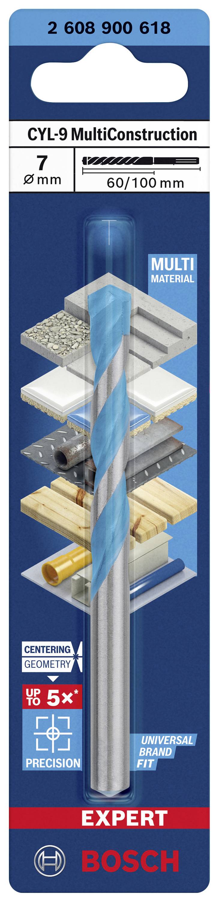 Svrdlo Bosch CYL-9 MultiConstruction promjera 7 mm, duljine 60/100 mm. Pogodno za različite materijale. Pakiranje prikazuje primjene.
