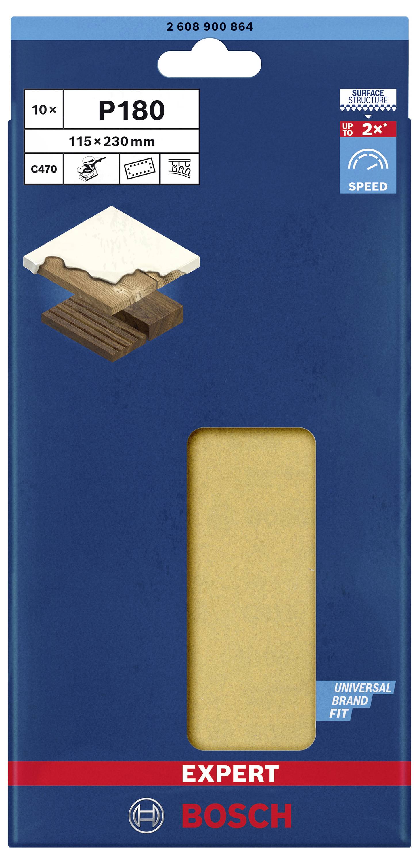 Pakiranja Bosch brusnih listova P180, pogodnih za drvo i boju, dimenzija 115 x 230 mm, 10 komada, odgovaraju univerzalnim oznakama.