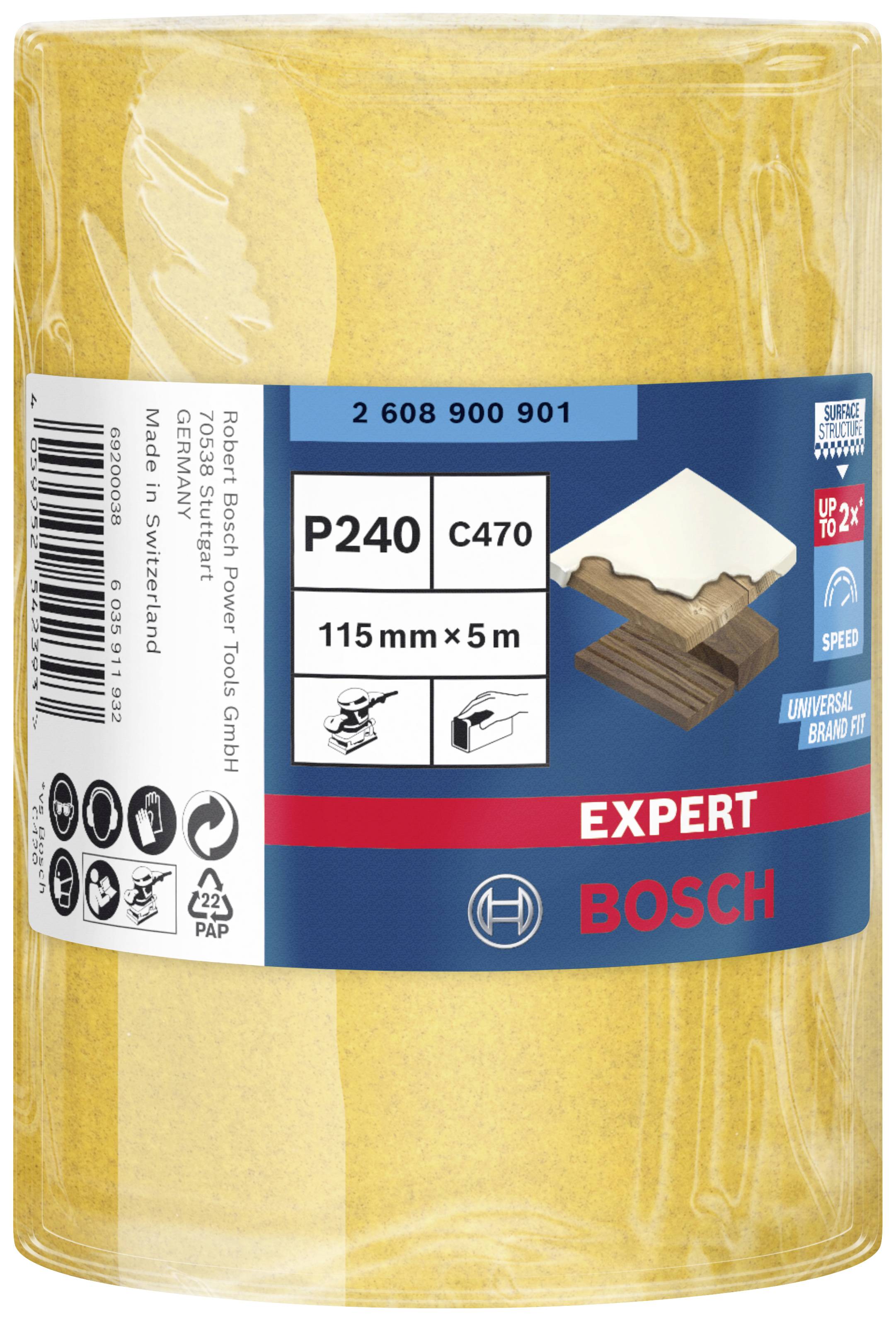 Rol brusnog papira, zrnatost P240, 115 mm x 5 m. Pakiranja ima drveni simbol koji označava primjenu na drvu. Marka: Bosch Expert.