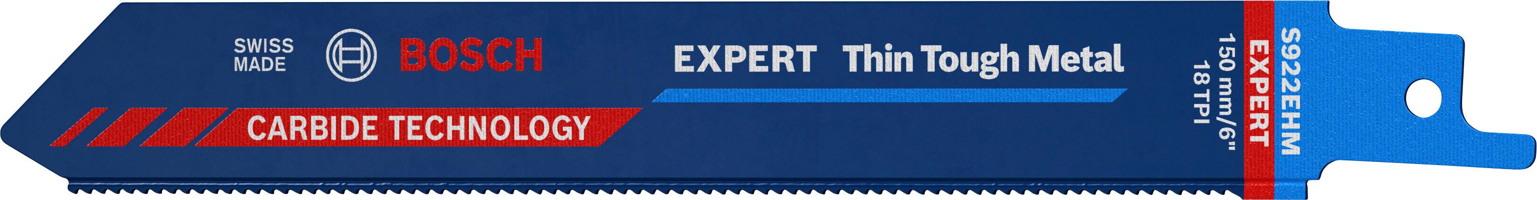 Metalno rezno platno Bosch s natpisom 'EXPERT Thin Tough Metal', 'Carbide Technology'. Izrađeno u Švicarskoj, plavi dizajn.
