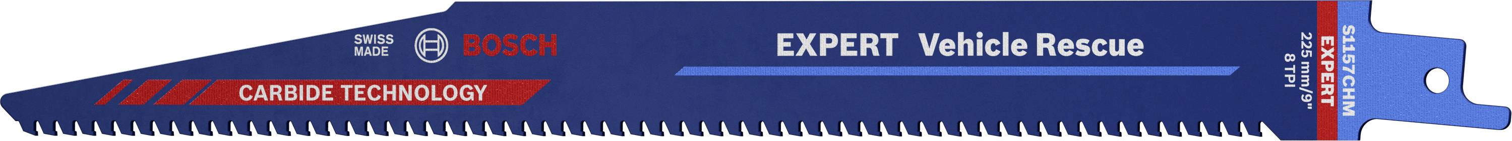 Bošev list pile za sečenje s natpisom 'EXPERT Vehicle Rescue', pogodan za spašavanje vozila, prikazuje nazubljeni rub i plavu pozadinu.