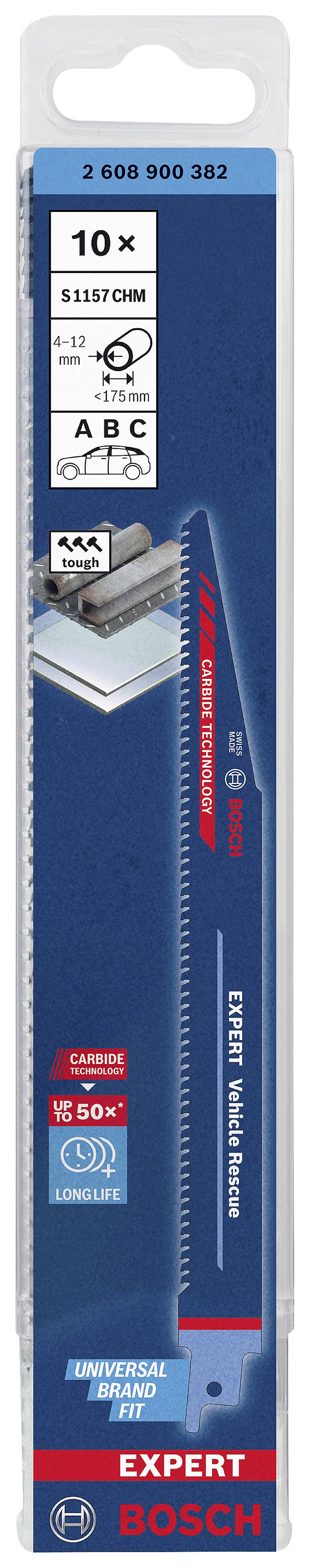 Pakiranje sa 10 Bosch Expert listova za recipro pile S1135CFM za debeli nehrđajući čelik i metal do 50 mm, duljeg vijeka trajanja, 225 mm dugački.