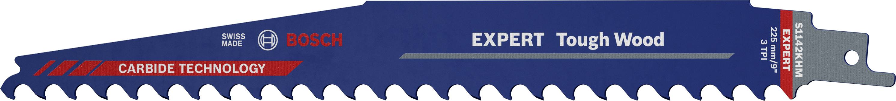 List pile Bosch 'EXPERT Tough Wood', plavo-crveni s natpisom 'Carbide Technology'.