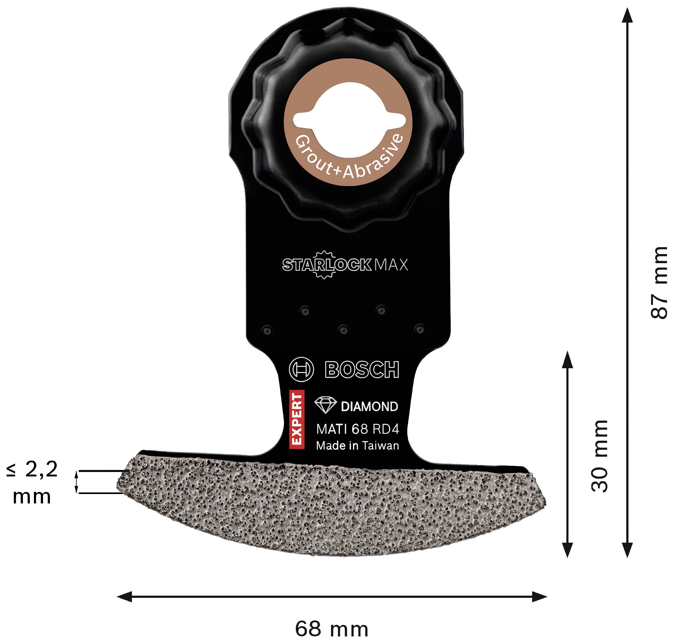 'Bosch Starlock Max' segmentni list pile za žljebove; Dimenzije: 68 mm širine, 87 mm visine, ≤ 2,2 mm debljine. Primjene: žljebovi, brušenje.