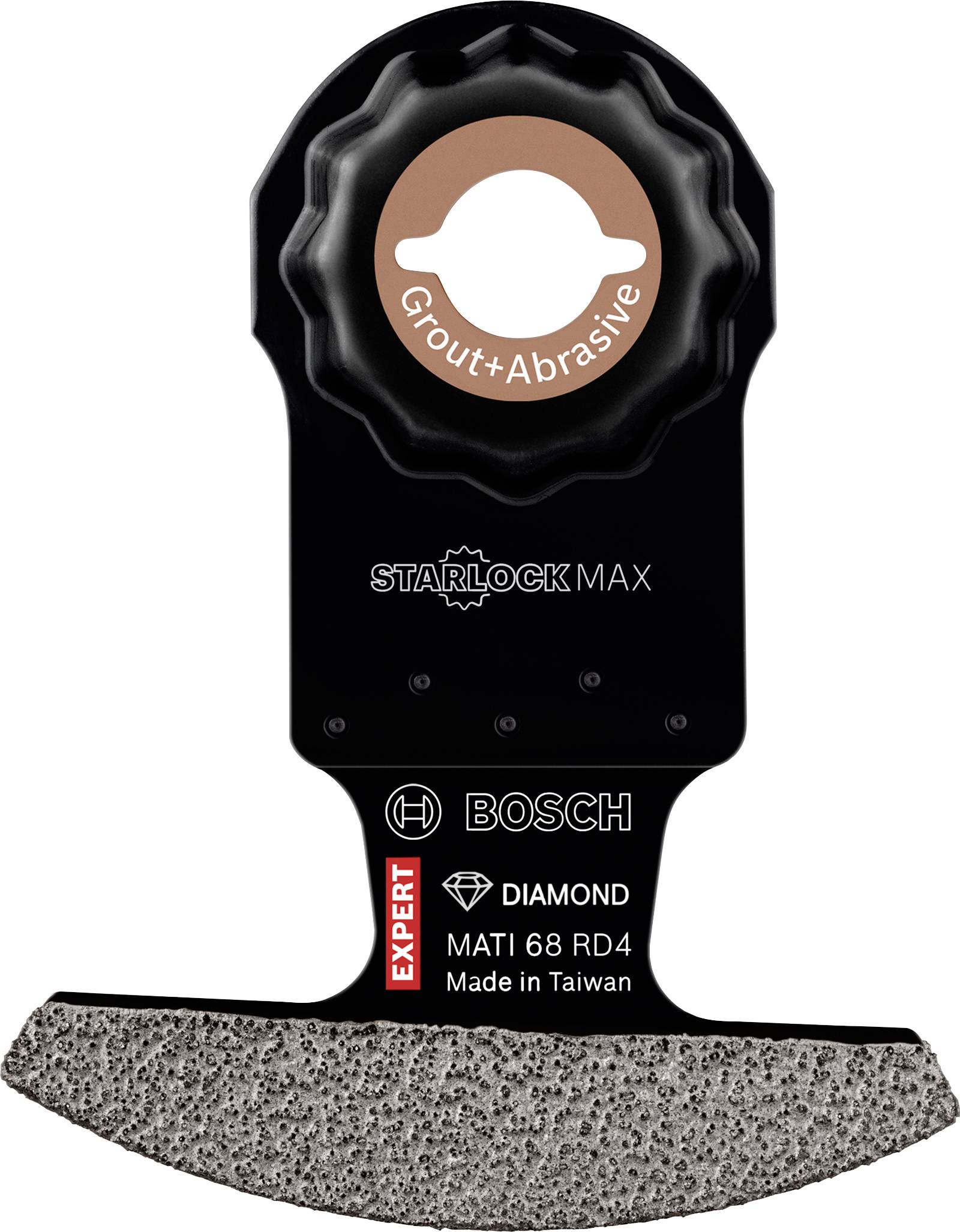 Crno, polukružno testersko oštrice s natpisom 'Starlock Max', pogodno za fugiranja radove. Proizvođač: Bosch, Model: MATI 68 RD4.