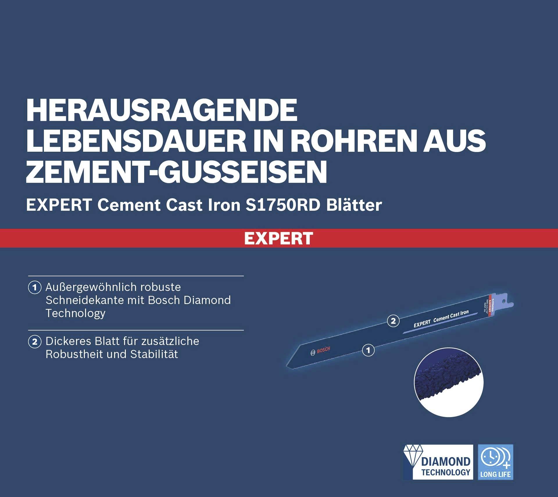 'Izvanredna trajnost u cijevima od cementnog lijeva. Stručni list s Bosch dijamantnom tehnologijom za visoku stabilnost i izdržljivost.'