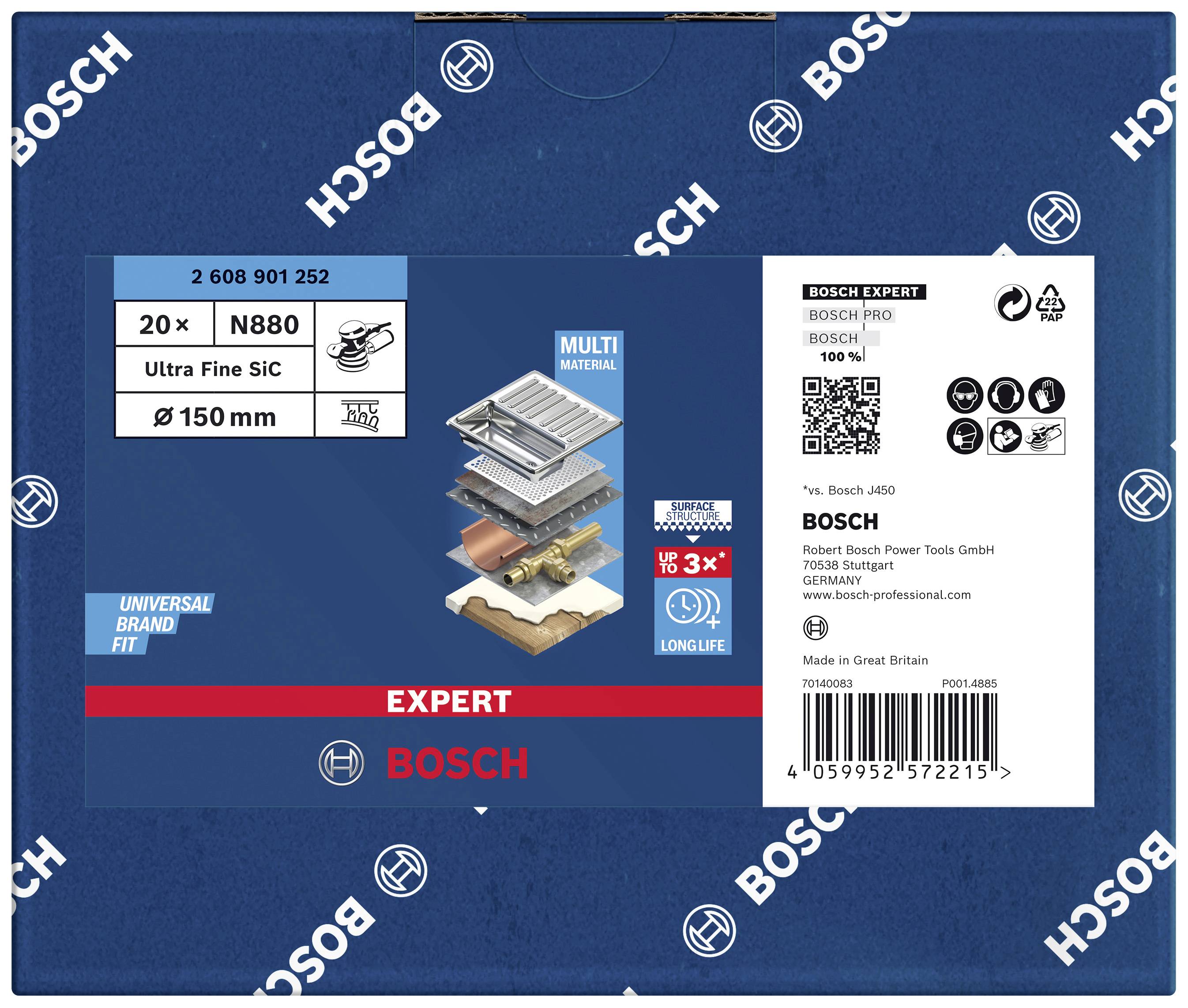 Paket Bosch-brusnih ploča, 150 mm, 20 komada, za više materijala. Sadrži detalje proizvoda i bar-kodove.