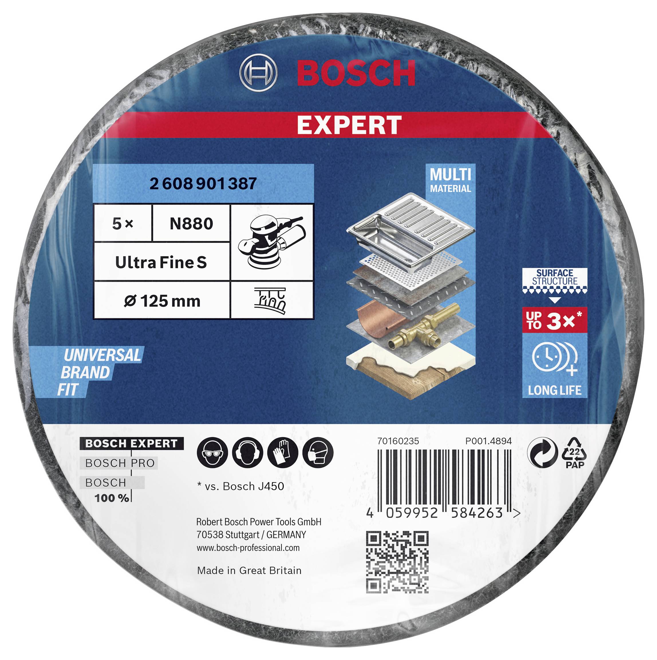 Rezna ploča 'Bosch Expert' za višestruke materijale, 5 komada, Ultra Fine S, promjera 125 mm. Do 3x duži vijek trajanja. Izrađeno u Velikoj Britaniji.