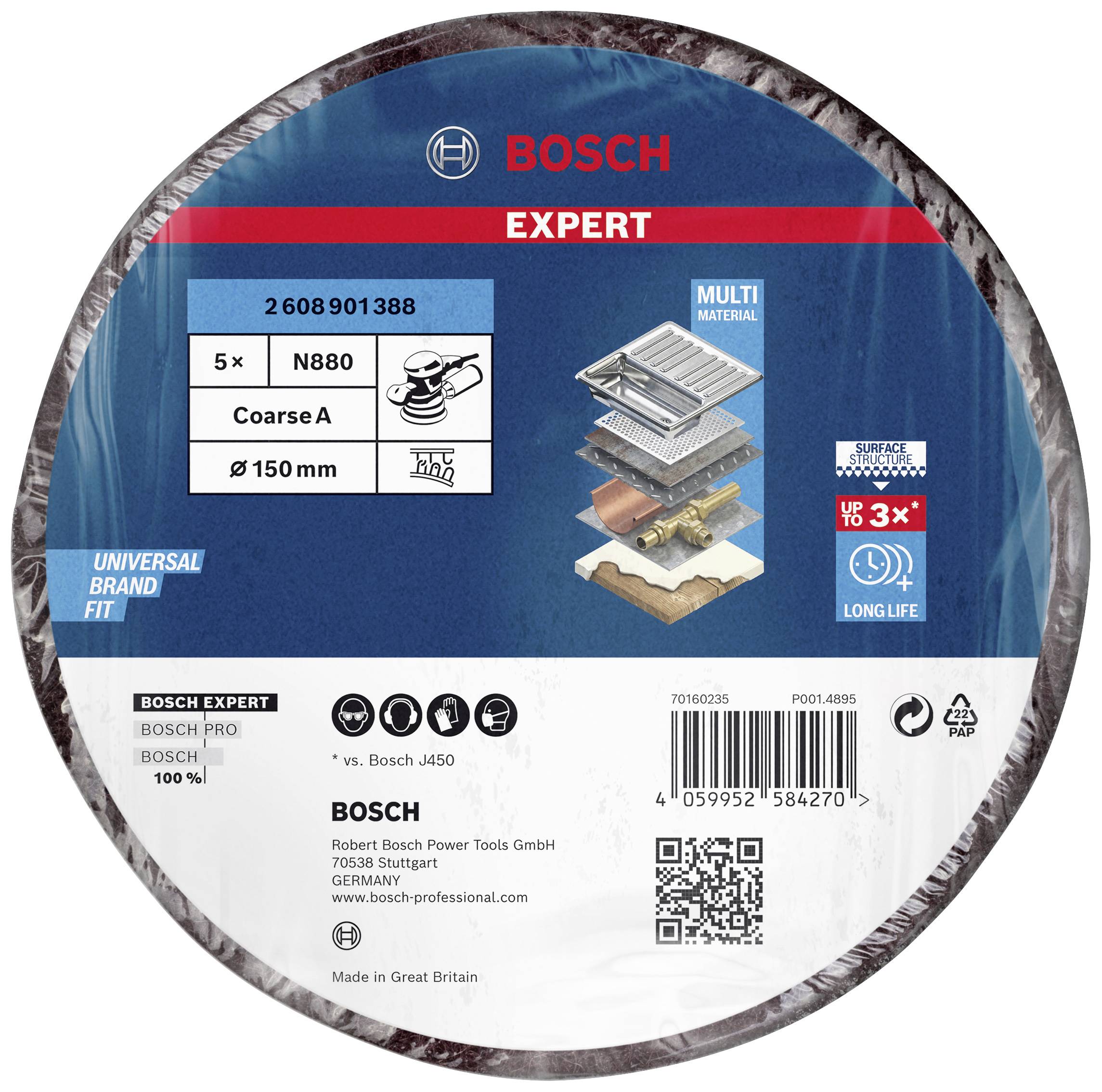 'Bosch Expert Paket brusnih ploča, 5 komada, N880, grubo zrnate, 150 mm. Pogodno za višestruke materijale. Proizvedeno u Velikoj Britaniji.'